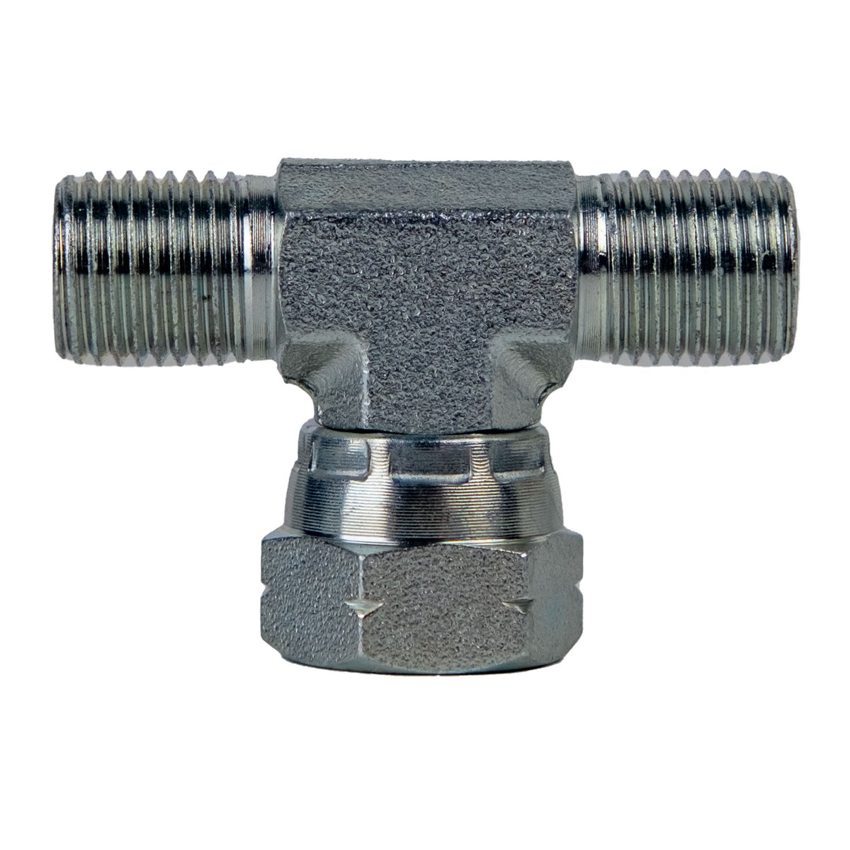 Swivel Run Tee, 1-in Male BSPP x 1-in Male BSPP x 1-in Female BSPP Swivel