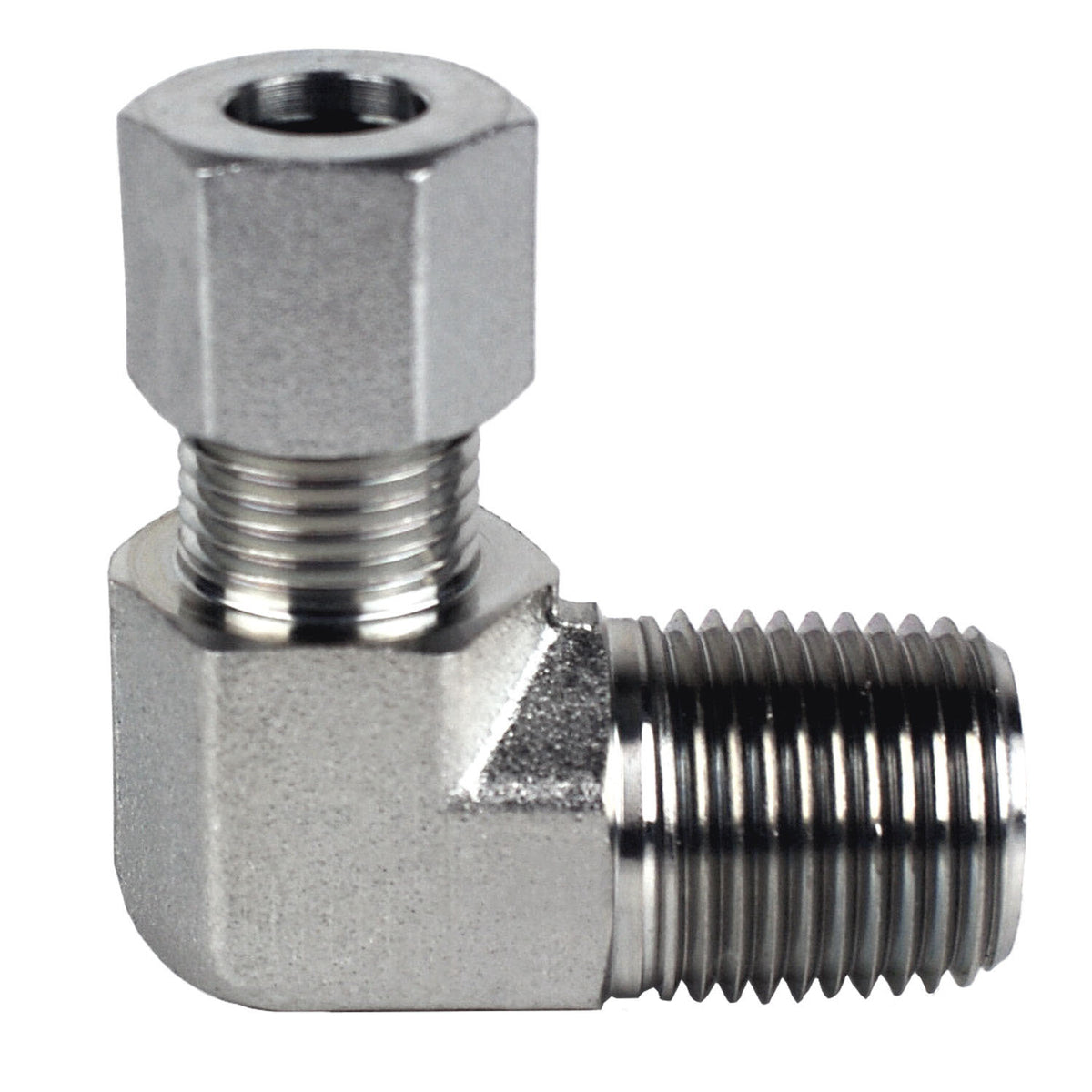 90-deg Male Elbow, L08 Metric Bite Type x 1/8-in Male NPTF, Steel
