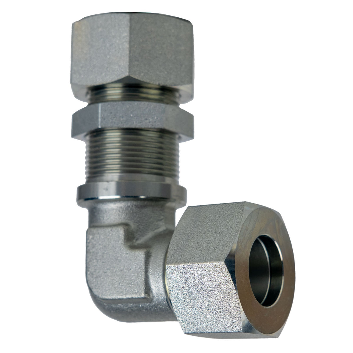Bulkhead Union 90-deg Elbow, S25 Metric Bite Type x S25 Metric Bite Type, Steel