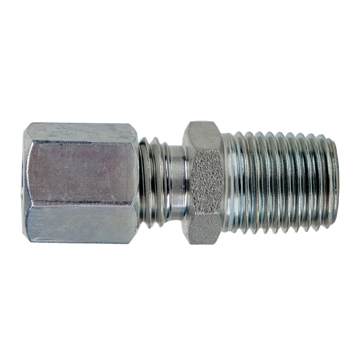 Male BSPT DIN Adapter, S14 Metric Bite Type x 1/2-in Male BSPT, Steel, Trivalent Chromium Zinc-Plated