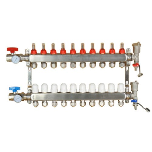 10-branch Stainless Steel Radiant Heat Manifold Set w/ 1/2" PEX adapters