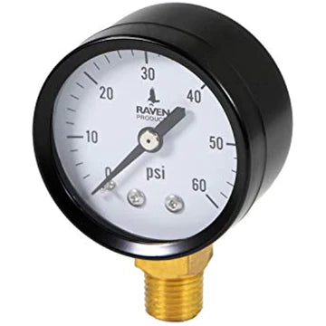 RAVEN PG260 R1522 2 INCH DISPLAY DRY GAUGES STEEL CASE, 1/4 INCH NPT CENTER BACK CONNECTION, CIRCULAR DIAL, POLYCARBONATE CRYSTAL, BLACK ANODIZED ALUMINUM POINTER, AND DURABILITY, 60 PSI