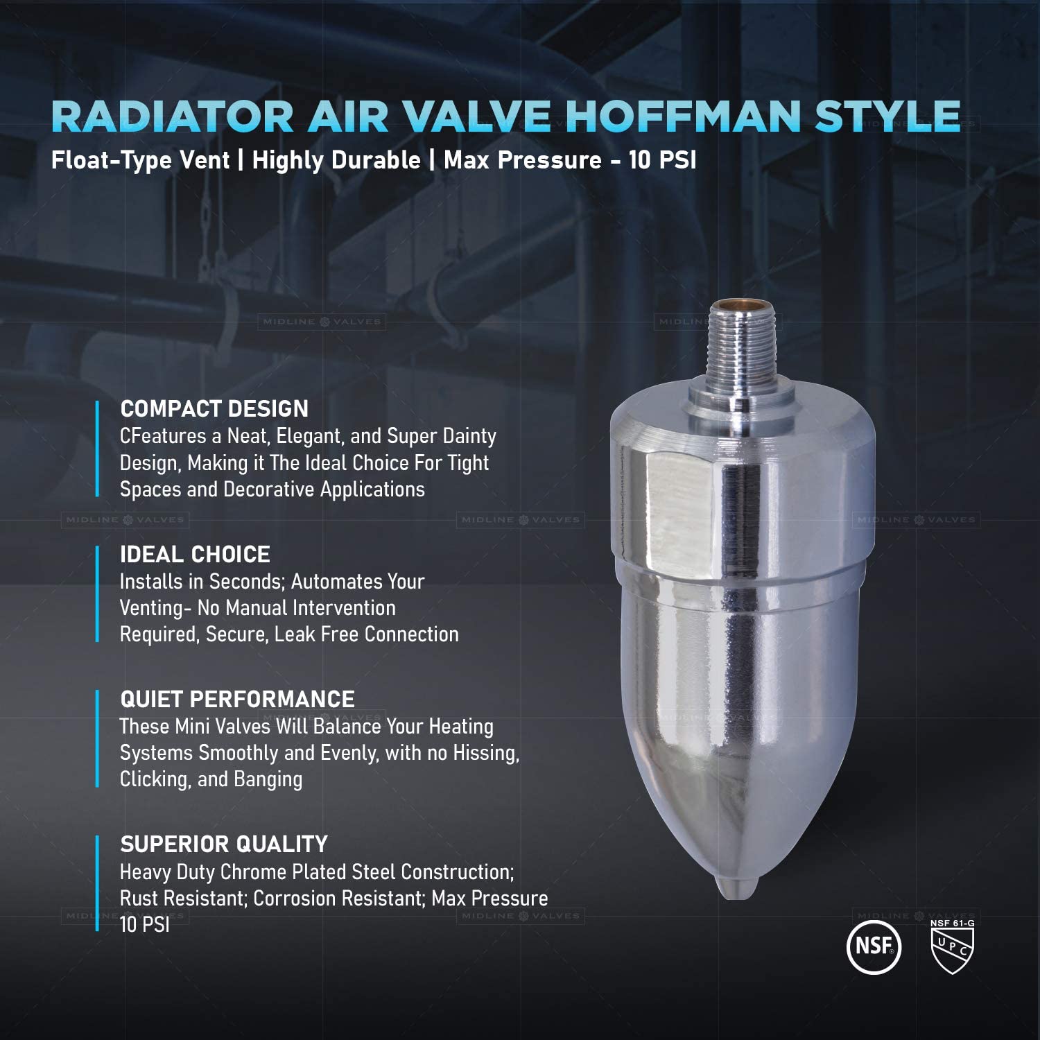 1/8" Straight Hoffman Style Steam Air Vent; Heat Regulator Float Type Valve; Straight Mount; NPT; Chrome Plated Steel