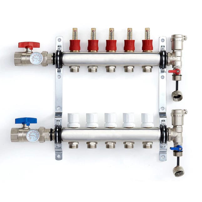 5-branch Stainless Steel Radiant Heat Manifold Set w/ 1/2" PEX adapters