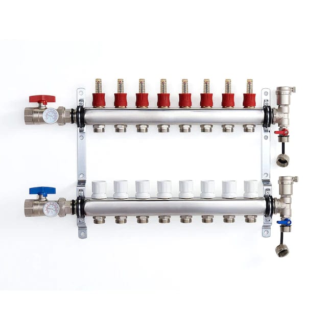 8-branch Stainless Steel Radiant Heat Manifold Set w/ 1/2" PEX adapters