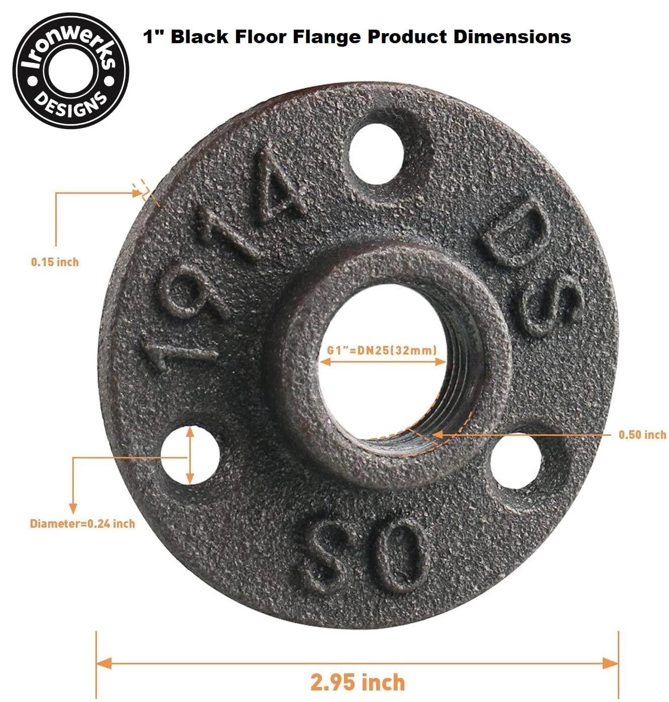 1" Black Floor Flange For Pipe Furniture - 3 Hole