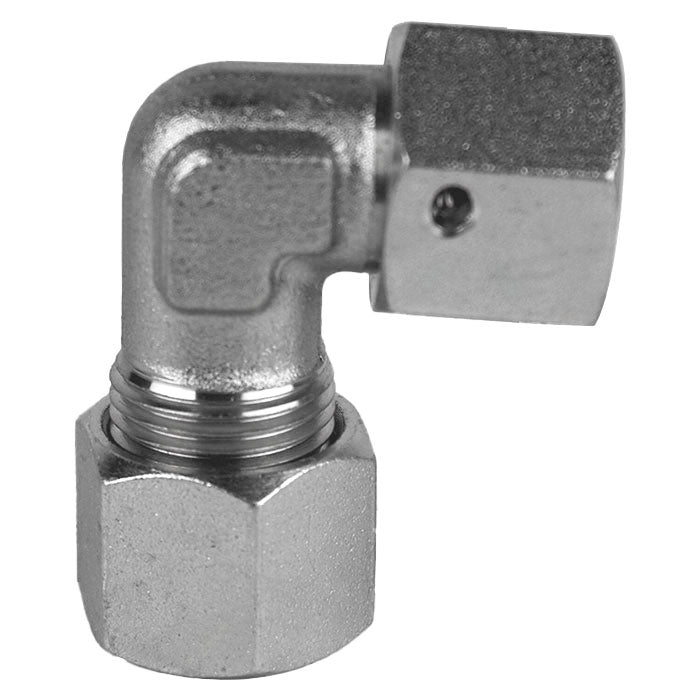 90-deg Swivel Elbow, L10 Metric Bite Type x L10 Female Metric Swivel, Steel