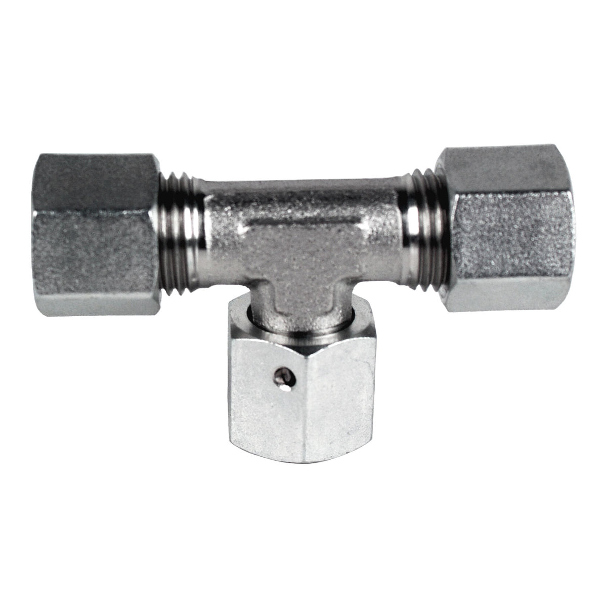 Swivel Branch Tee, L42 Metric Bite Type x L42 Metric Bite Type x L42 Female Metric Swivel, Steel
