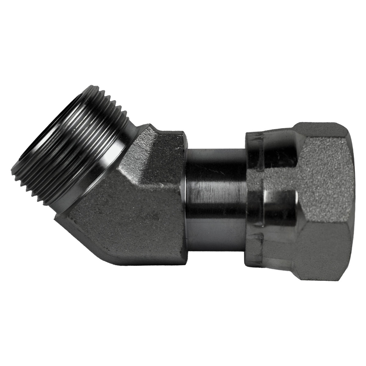 45-deg Swivel Elbow, 1-in Male O-Ring Face Seal x 1-in Female O-Ring Face Seal Swivel, Steel