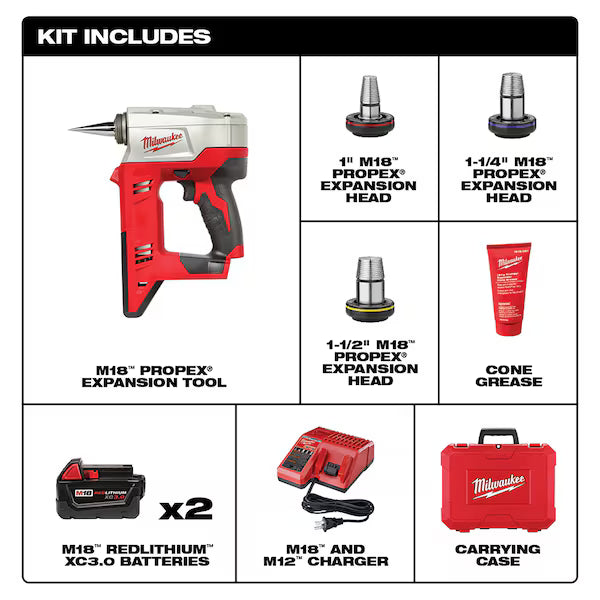 M18 ProPEX Expansion Tool Kit with 1", 1-1/4", and 1-1/2" Heads, (2) M18 XC Batteries, Charger - Fittings N' Valves
