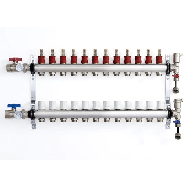 12-branch Stainless Steel Radiant Heat Manifold Set w/ 1/2" PEX adapters