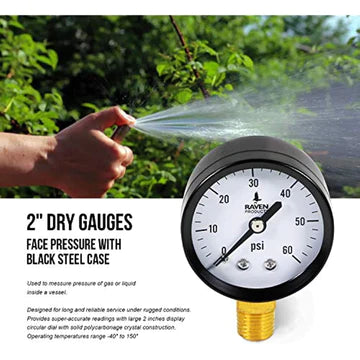RAVEN PG260 R1522 2 INCH DISPLAY DRY GAUGES STEEL CASE, 1/4 INCH NPT CENTER BACK CONNECTION, CIRCULAR DIAL, POLYCARBONATE CRYSTAL, BLACK ANODIZED ALUMINUM POINTER, AND DURABILITY, 60 PSI