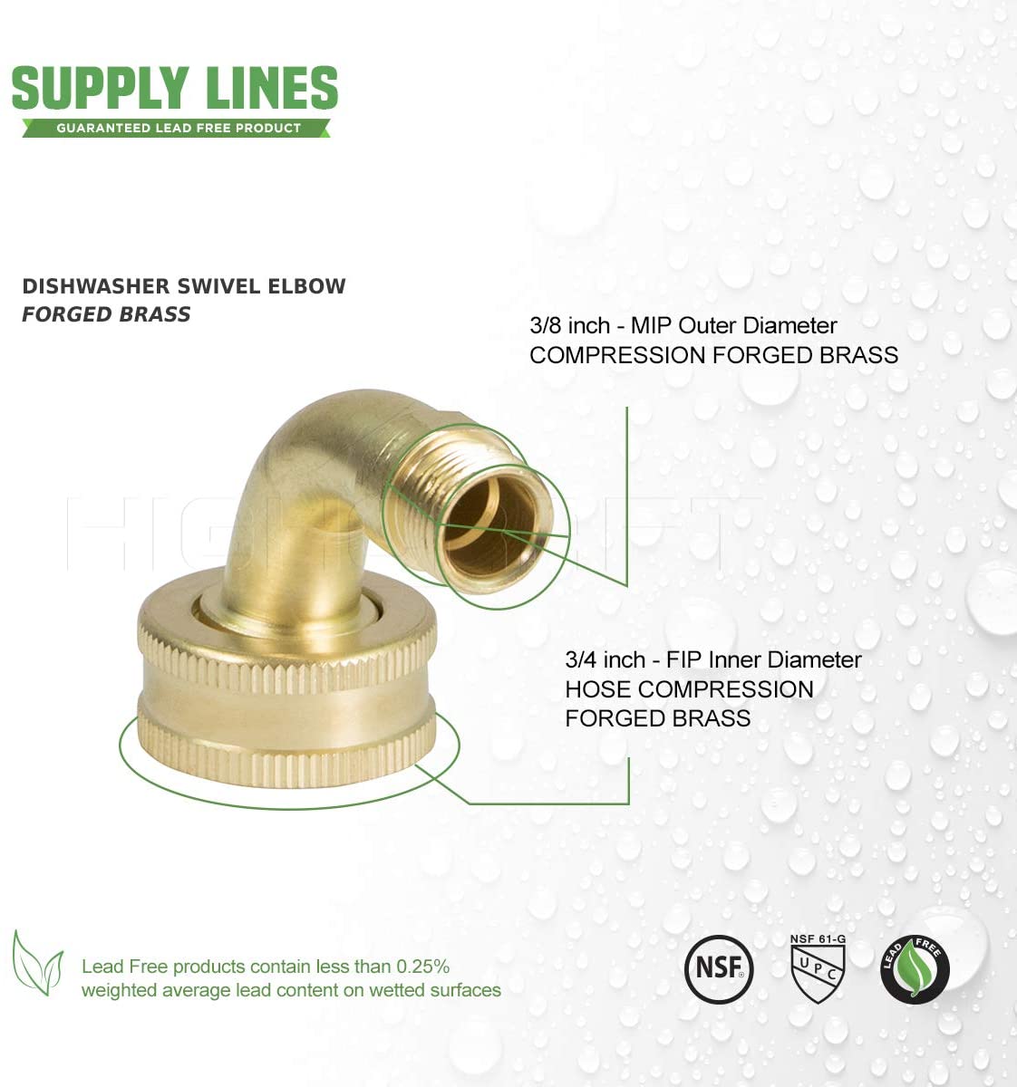 Dishwasher Swivel Elbow Fitting with Compression and Female Hose Connections, 3/8" x 3/4", Brass