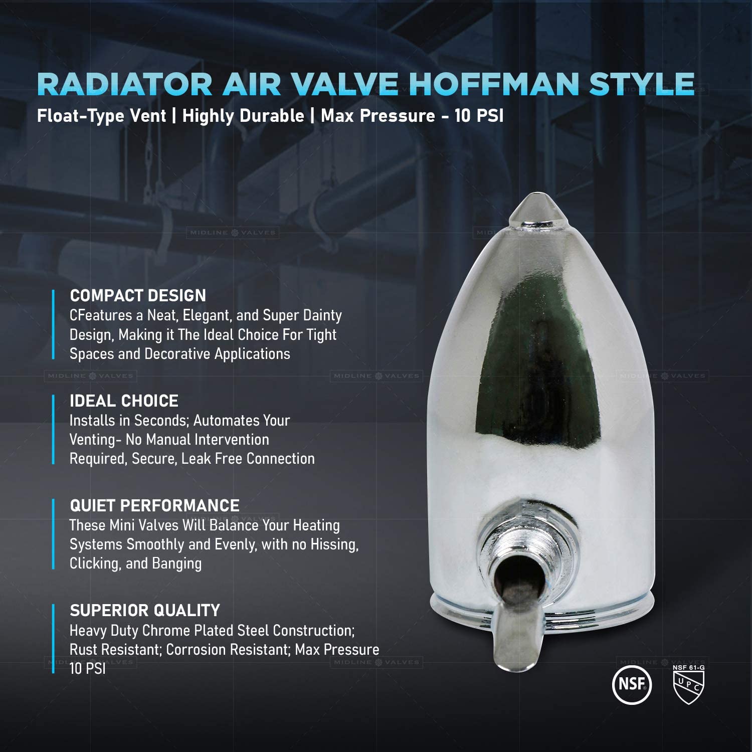 1/8" Angle Hoffman Style Steam Air Vent; Heat Regulator Float Type Valve; Angle Mount; NPT; Chrome Plated Steel