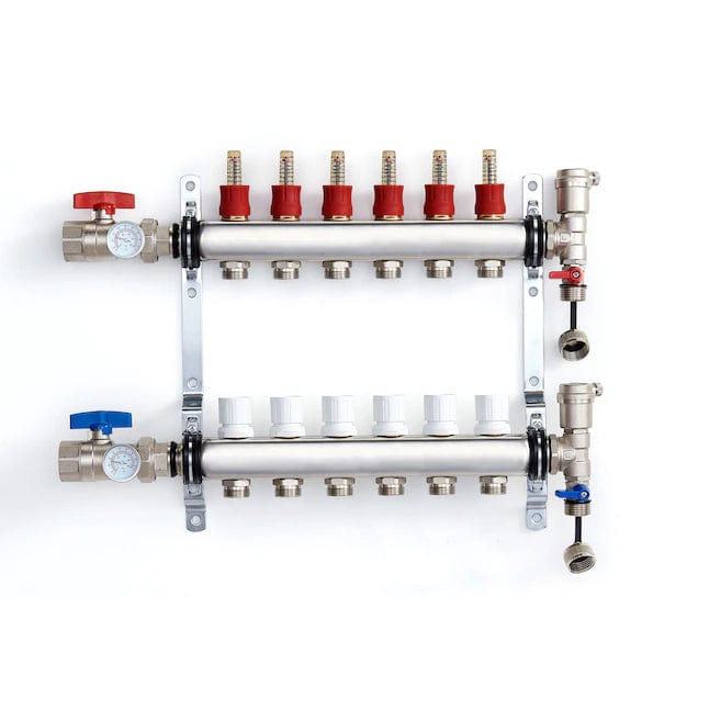6-branch Stainless Steel Radiant Heat Manifold Set w/ 1/2" PEX adapters