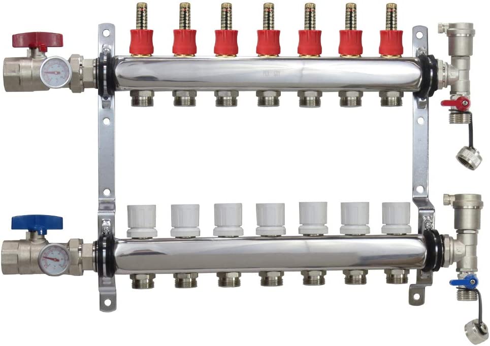 7-branch Stainless Steel Radiant Heat Manifold Set w/ 1/2" PEX adapters