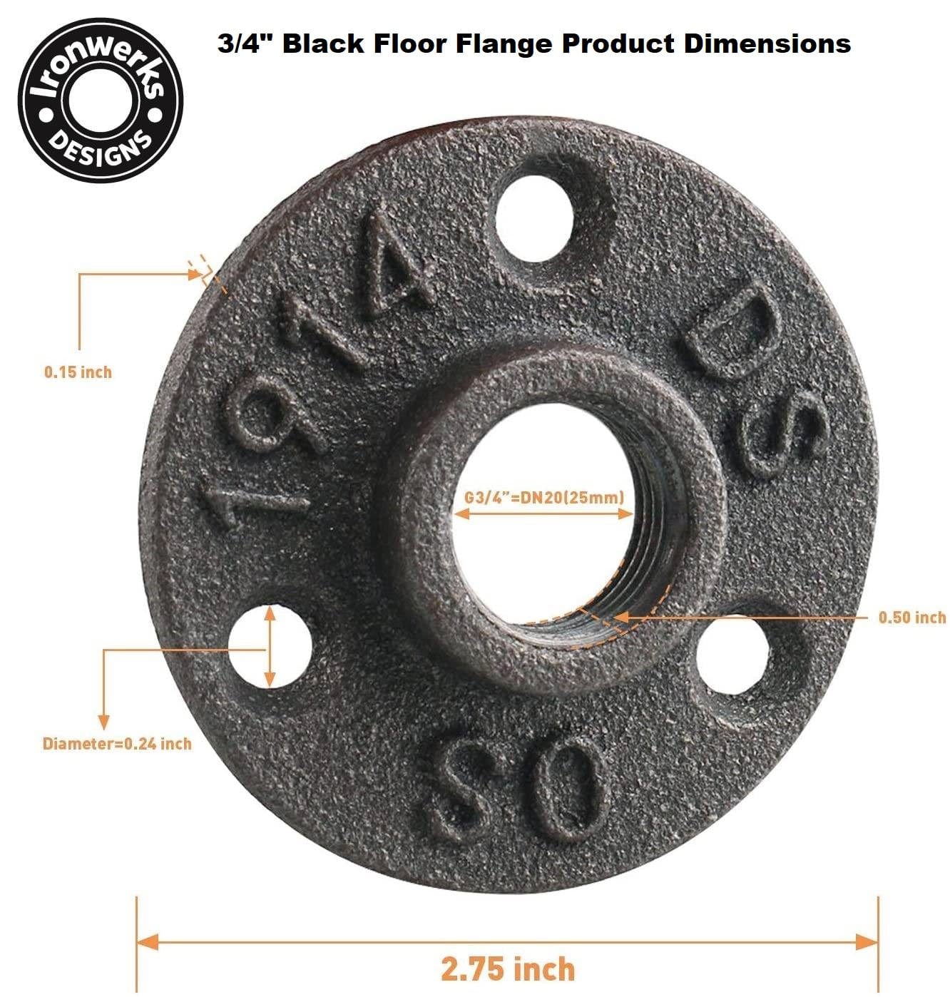 3/4" Black Floor Flange For Pipe Furniture - 3 Hole