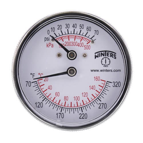 Winters TTD Series Tridicator 2.5" Dial, 1/4" NPT Extension Back, 0-75 psi/kPa, 70-320 F/C