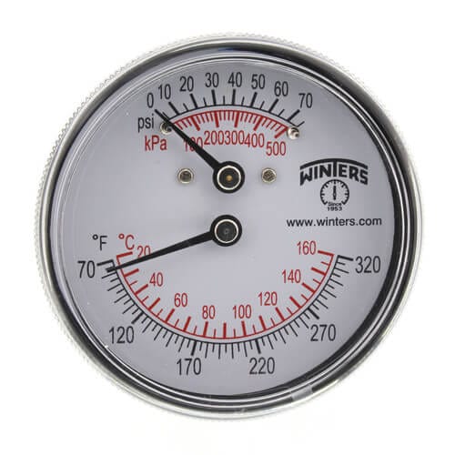 Winters TTD Series Tridicator 2.5" Dial, 1/4" NPT Back, 0-75 psi/kPa, 70-320 F/C