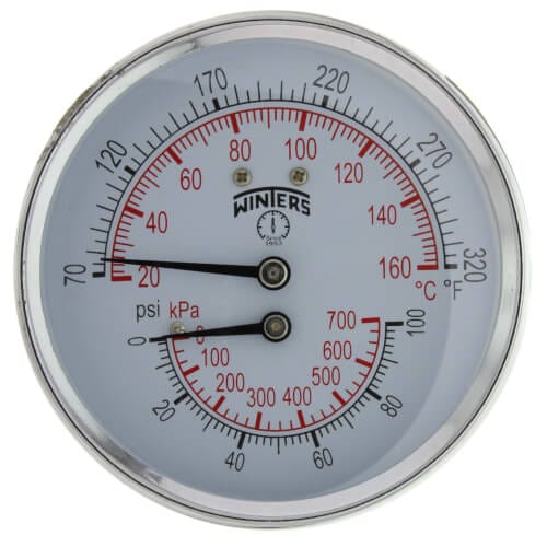 Winters TTD Series Tridicator 3" Dial, 1/2" NPT Back, 0-100 psi/kPa, 70-320 F/C